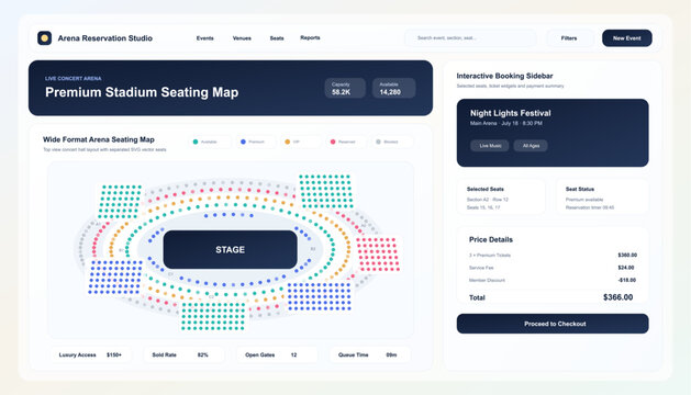 Premium Stadium Seating Map Booking Dashboard. Clean arena reservation UI with wide stadium seat map, availability legend, event details, selected seats, price summary. Vector booking dashboard