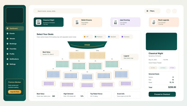 Classical Event Seat Booking Dashboard Interface. Clean ticket booking dashboard with event cards, VIP and standard seat categories, selected ticket summary, sidebar navigation. Vector panel