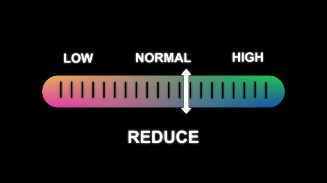 Reuse level indicator scale. Low Normal High meter infographic animation on black background. Showing high reuse level color gauge indicator.