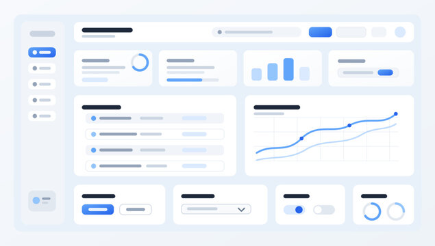 Minimal Blue Dashboard Wireframe UI Template. Clean light dashboard wireframe with sidebar navigation, cards, charts, table rows, toggles, buttons, inputs. UI admin panel. Template web site