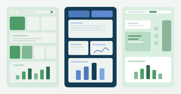 Green Mobile Dashboard Wireframe Screens. Minimal UI mockup showing three mobile dashboard wireframes with cards, charts, navigation bars, content blocks. Vector template app