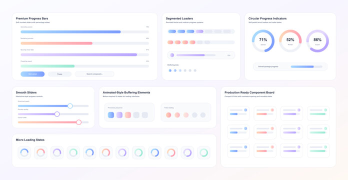 Pastel Progress Bars and Loader UI Components. Light pastel UI kit featuring progress bars, segmented loaders, circular indicators, sliders, buffering states, micro loading tiles. Vector elements