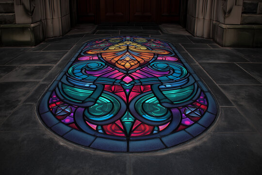 An intricate stained glass window design featuring a stylized grim reaper, vibrant jewel tones reflecting on a dark stone floor, gothic cathedral vibes