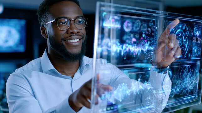 Close-up of a smiling black, African-American businessman interacting with futuristic graphs and charts from behind the transparent charts in a dark office with blue tones