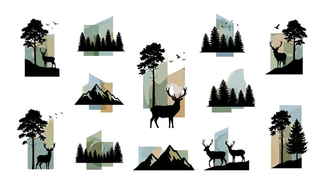 Collection of mountain wildlife and forest scenery illustrations