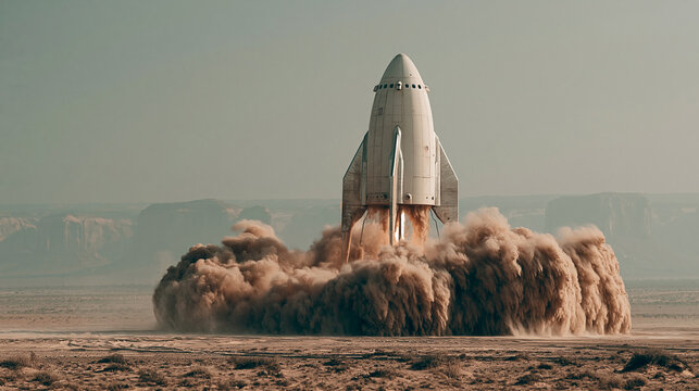 Wide cinematic shot of a retro-futuristic egg-shaped rocket blasting off from a dry desert pad, generating a massive brown dust storm against a canyon horizon.