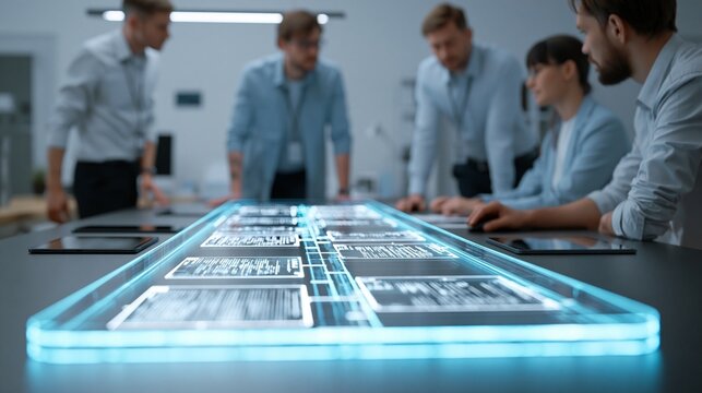 Legal support staff engrossed in discussion around a holographic timeline featuring tablets and detailed case files set against a minimalistic office backdrop with sharp 3D render