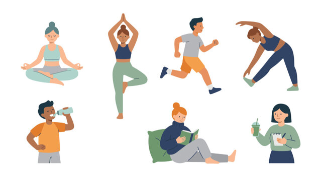 Collection of diverse people practicing yoga and meditation activities
