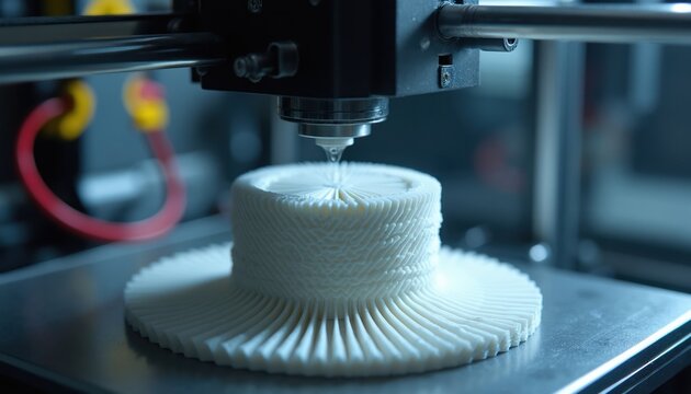 3D printer creates intricate object layer by layer. Additive manufacturing builds complex prototype with precision. Modern tech produces custom designs for industry and innovation.