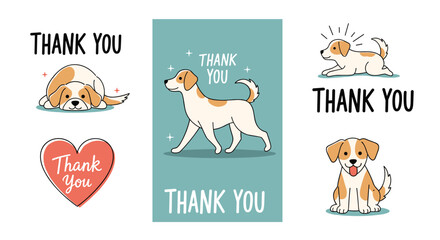 Fototapeta premium Sweet collection of diverse dog and puppy illustrations with thank you messages in various card layouts and festive formats.