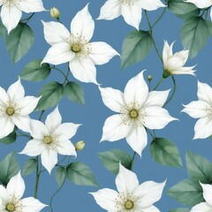 Fototapeta premium Elegant white clematis flowers with green leaves repeat on a blue backdrop. Delicate botanical art for sophisticated design and natural beauty in various applications.