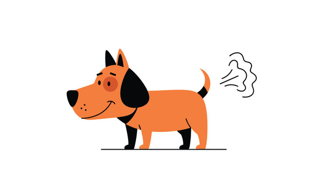 Funny cartoon dog character with an orange coat and black ears looking back after releasing a small puff of gas.