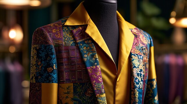 A high-end mannequin displays a unique patchwork blazer featuring intricate floral patterns and vibrant silk textures inside a professional fashion design studio with soft bokeh li