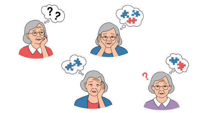 Elderly woman with gray hair experiencing confusion and memory loss represented by jigsaw puzzle pieces and question marks.