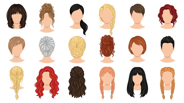 Set of diverse female and male hairstyles and colored hair cuts.