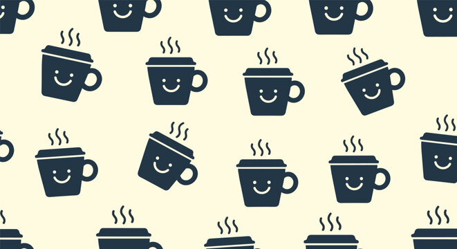 Pattern of navy blue smiling coffee cups with steam rising from them arranged on a light cream colored background.