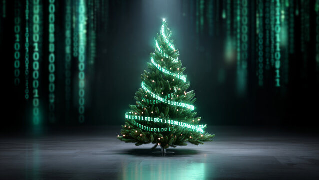 Christmas tree decorated with glowing binary code and small lights against a digital background. Modern holiday celebration for technology and IT.