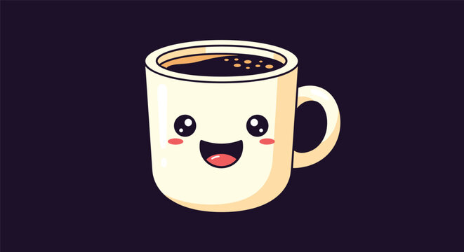 Cute smiling coffee mug character filled with dark coffee against a dark background for morning energy, cafe promotions, and positive vibes.