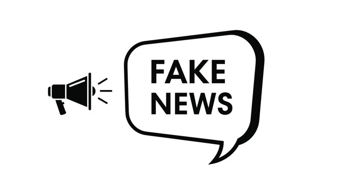 Megaphone icon with a speech bubble containing fake news text to represent misinformation, media propaganda, and digital communication issues.