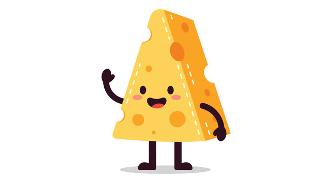 Waving wedge of cheese character with holes and a happy face for food marketing, dairy products, and healthy snack advertisements.