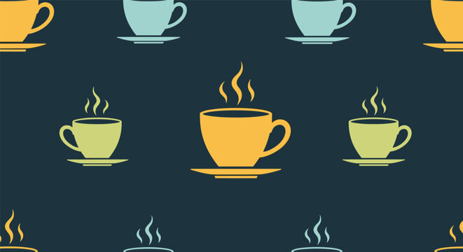 Seamless pattern of colorful steaming coffee cups on a dark blue background for cafe decor, kitchen textiles, and hospitality branding.