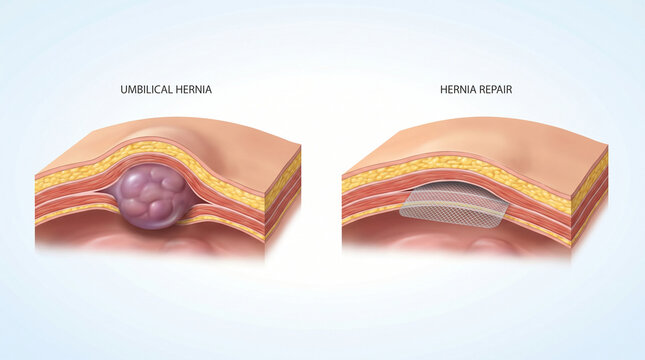 Umbilical Hernia and Surgical Mesh Repair Anatomy 3D Illustration