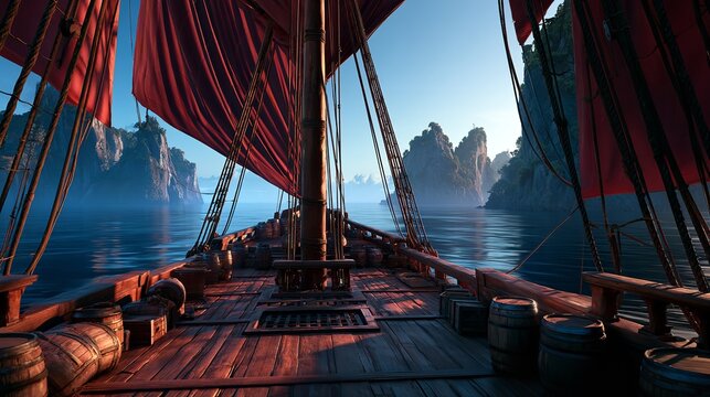 The wooden deck of a sailing ship with vibrant red sails traverses a tranquil blue sea surrounded by towering limestone cliffs under a clear bright morning sky