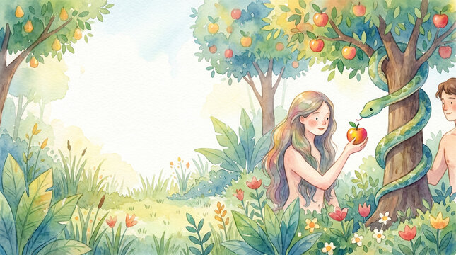 Couple in a garden with snake and apple tree in a whimsical style  