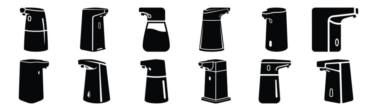 Minimalist automatic soap dispenser silhouette icon set. Collection of Kitchen silhouette vector icons illustration.