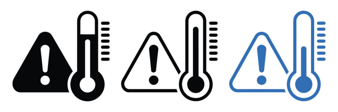 Warning heat icons with thermometers representing high temperature alerts, heat warning, and climate safety risk notification symbol set for weather interface