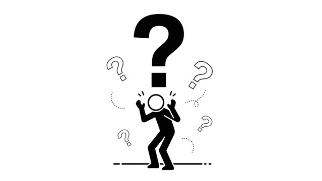Confused stick figure man throwing hands up in exasperation, surrounded by many question marks indicating multiple problems and uncertainty, isolated white background.