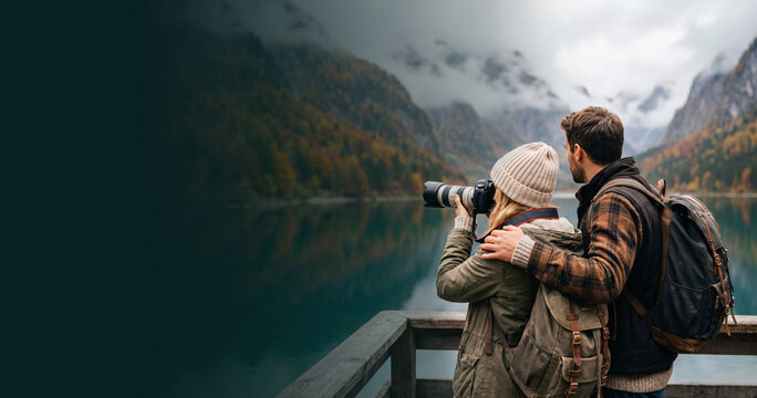 Travel couple with backpacks admiring scenic mountain views during autumn road trip with dark left copy space