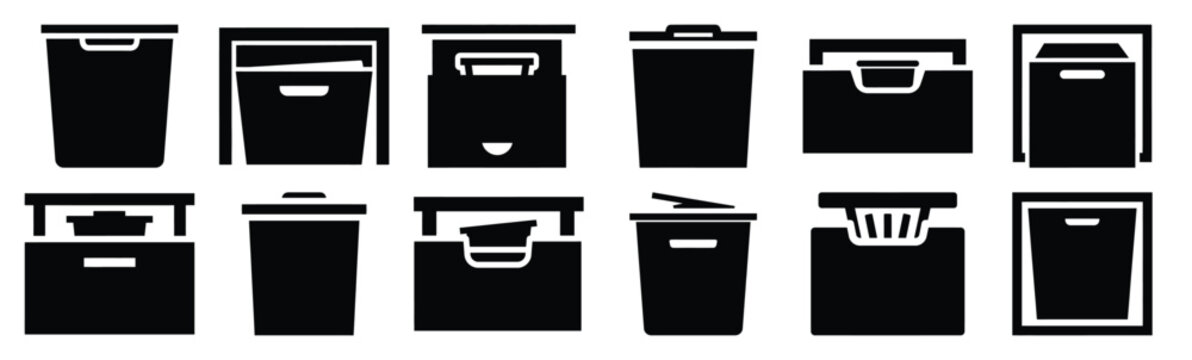 Minimalist hidden trash drawer silhouette icon set. Collection of Kitchen silhouette vector icons illustration.
