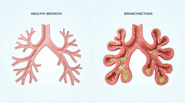 Bronchiectasis Pathology and Healthy Bronchi Respiratory System Anatomy