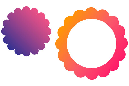 Smooth gradient scalloped flower badge, circle frame. Purple pink orange ombre round border for photos layout, stickers, social media, branding, digital assets. High-res PNG, transparent background