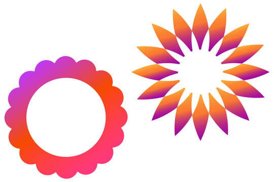 Gradient scalloped circle frame. Colorful flower borders with pink, purple and orange gradient for logos, stickers, branding, social media. High-res PNG, transparent background