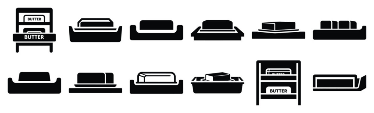Minimalist refrigerator butter shelf silhouette icon set. Collection of Kitchen silhouette vector icons illustration.