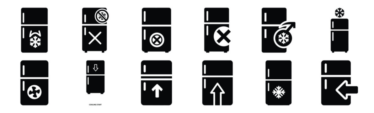 Minimalist refrigerator cooling start silhouette icon set. Collection of Kitchen silhouette vector icons illustration.