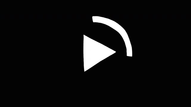 A minimalist hand-drawn animation of a white play symbol with a sketchy circular line drawing itself around it. Alpha channel.