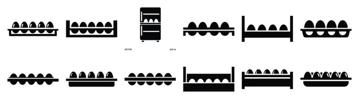 Minimalist refrigerator egg shelf silhouette icon set. Collection of Kitchen silhouette vector icons illustration.