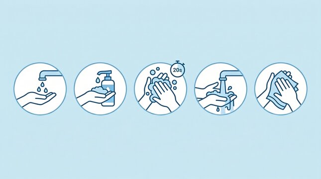 Hand washing step by step instructions icon set, medical hygiene vector infographic showing how to wash hands on a blue background.