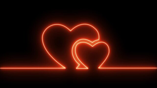 Neon line Two love hearts. Valentine's Day indicate. Love One line drawing concept. love card neon glowing icon. Bright glowing neon valentines love heart symbol animation.4k