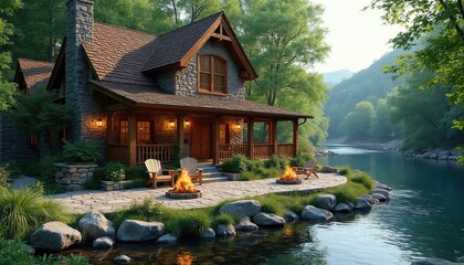 Naklejka premium Rustic stone cabin with porch sits beside calm river. Two fire pits glow with flames near chairs on paved patio. Lush green trees surround peaceful waterside retreat.