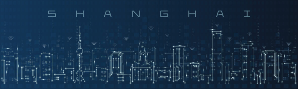Shanghai Smart City Skyline Vector in Circuit Board Style Futuristic Technology Background