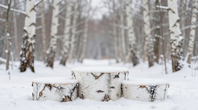 Snow covered birch log pedestals in winter forest setting for display.