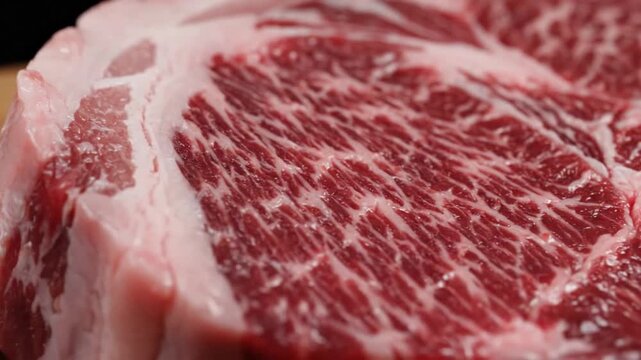 Close-up of marbled raw beef steak slices prepared for cooking or grilling
