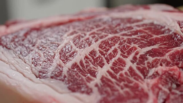 Close-up of Marbled Red meat slices with fine white fat lines for culinary preparation