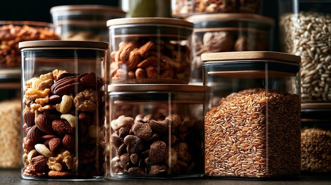 An assortment of clear glass storage jars with bamboo lids filled with various nuts seeds and grains arranged on a dark countertop in a home kitchen setting