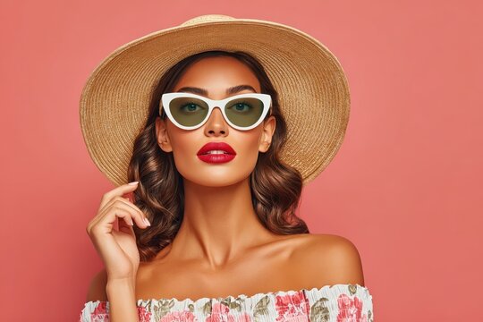 Stylish young woman wearing sun hat and cat-eye sunglasses with red lipstick in summer portrait