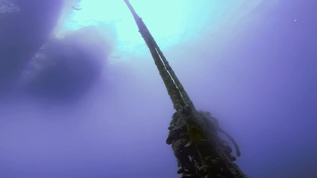 Slow Motion Deep Scuba Dive Descent with Buddy Equalizing Pressure.  The camera pans down from the surface showing two dive boats, an anchor rope covered in shells and algae and a scuba diver.